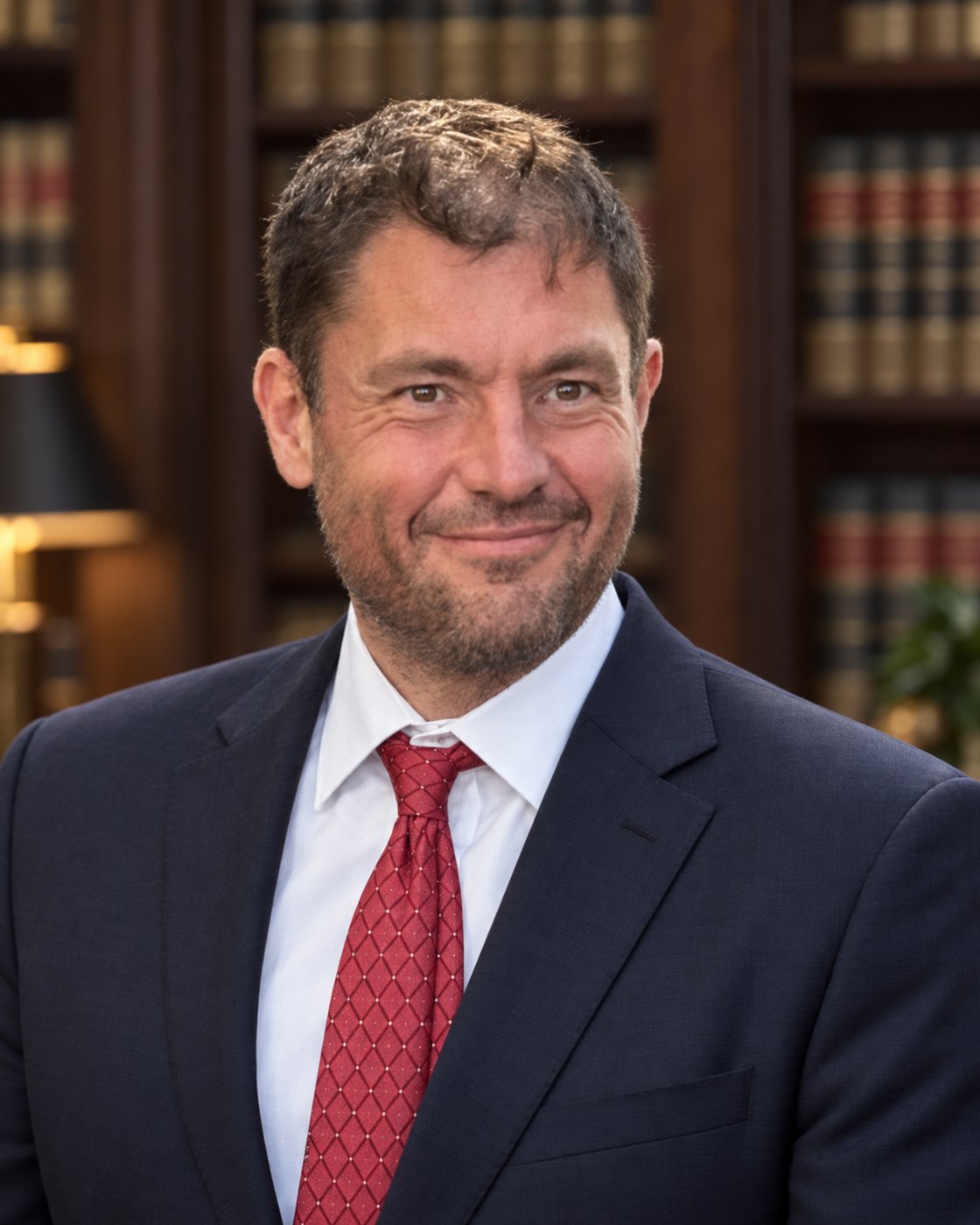 Nick Mermiges, Esq., founder of Proprietary Legal Intelligence, in a navy suit and red tie in front of shelves of legal reporters